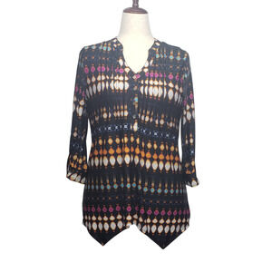 New Directions Geometric Print Tunic Top Womens L 3/4 Sleeve Sharkbite Hem